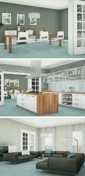 Three views of modern interior loft design Stock Illustration