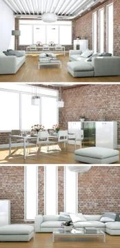 Three views of modern interior loft design Stock Illustration