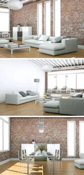 Three views of modern interior loft design Stock Illustration