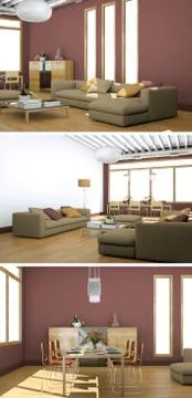 Three views of modern interior loft design Stock Illustration