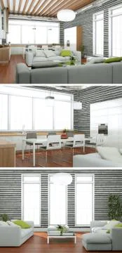 Three views of modern interior loft design Illustrazione stock