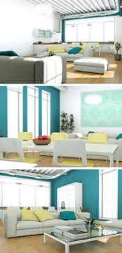 Three views of modern interior loft design Stock Illustration