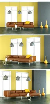 Three views of modern interior loft design Stock Illustration
