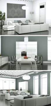 Three views of modern interior loft design Stock Illustration