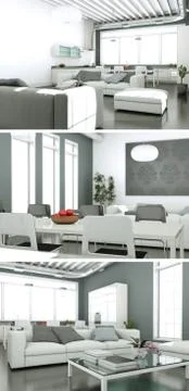 Three views of modern interior loft design Stock Illustration