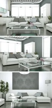 Three views of modern interior loft design Stock Illustration
