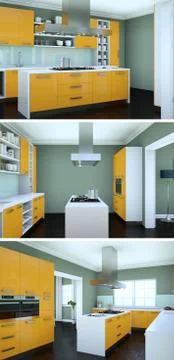 Three views of a modern kitchen with a beautiful design Stock Illustration