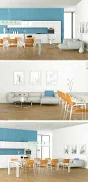 Three views of a modern kitchen with a beautiful design Stock Illustration
