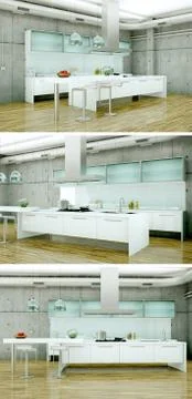 Three views of a modern kitchen with a beautiful design Stock Illustration
