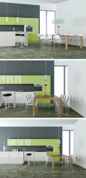 Three views of a modern kitchen with a beautiful design Stock Illustration