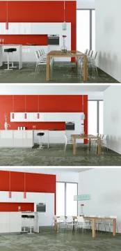 Three views of a modern kitchen with a beautiful design Stock Illustration