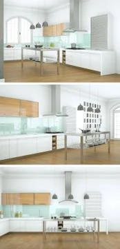 Three views of a modern kitchen with a beautiful design Stock Illustration