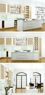 Three views of a modern kitchen with a beautiful design Stock Illustration