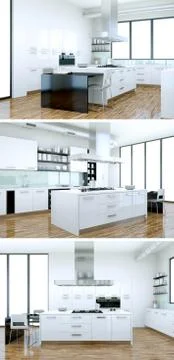 Three views of a modern kitchen with a beautiful design Stock Illustration