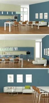 Three views of a modern kitchen with a beautiful design Stock Illustration