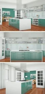 Three views of a modern kitchen with a beautiful design Stock Illustration