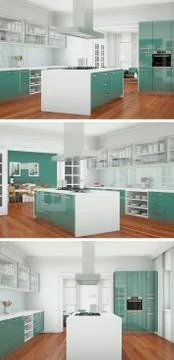 Three views of a modern kitchen with a beautiful design Stock Illustration