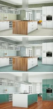 Three views of a modern kitchen with a beautiful design Stock Illustration