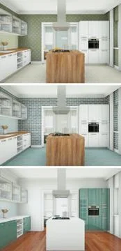 Three views of a modern kitchen with a beautiful design Stock Illustration