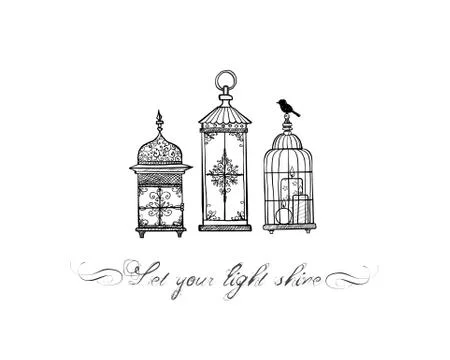 Three vintage rustic lanterns in doodle style on white background. Stock Illustration