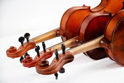 Three violins show back side,the construction of violin,Scroll,Pegbox and nec Stock Photos