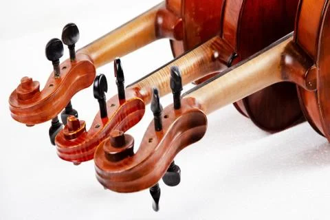 Three violins show back side,the construction of violin,Scroll,Pegbox and nec 写真素材