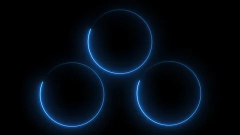 Three vivid blue neon circles forming a triangular pattern, Glowing rings h.. Stock Footage 332993403