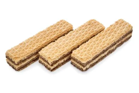 Three wafer biscuits isolated on white backdrop. Stock Photos