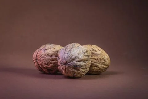 Three Walnut walnuts on a dark brown background Stock Photos