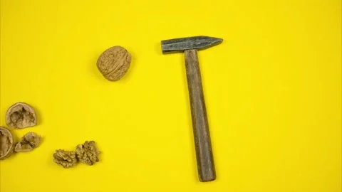 Three walnuts in shell. The hammer breaks the nut. Stop motion animation Stock Footage 170667830