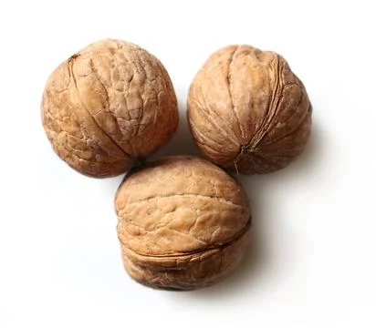 Three walnuts on white background Stock Photos