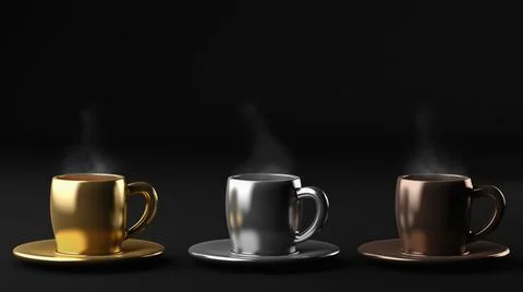 Three warm coffee cups on black background, 3d illustration Stock Illustration