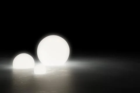 Three warm glowing sphere light objects on shiny modern industrial concrete f Stock Illustration