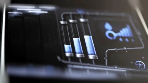 Three water columns beside analytics screen Stock Photos