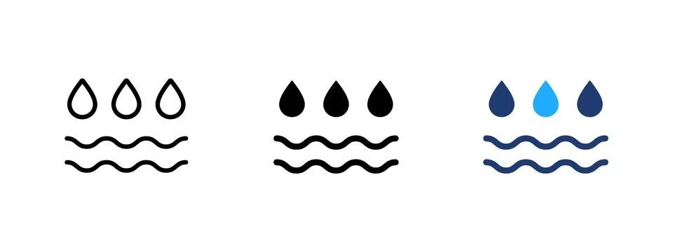 Three water drops icon above ripple wave. Moisture, wetness and hydration s.. Stock Illustration