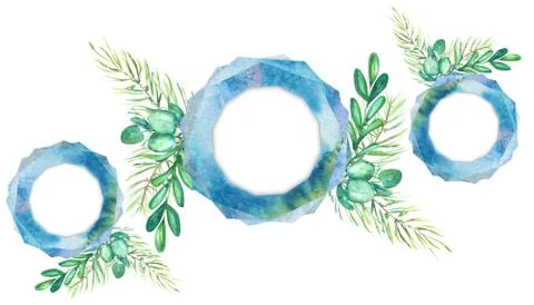 Three watercolor frames decorated with spruce and  deciduous branches Stockillustratie