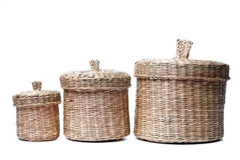 Three wattled baskets isolated on white Stock Photos