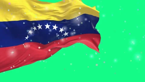 Three waving venezuela flags displaying patriotism against a vibrant green Stock Footage 346122879