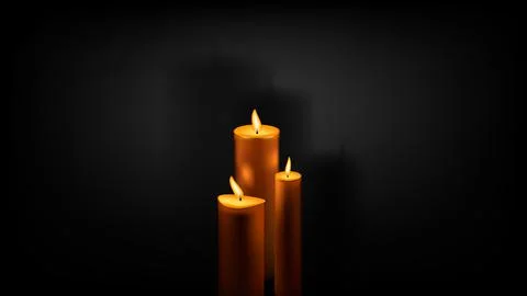 Three wax candles with spot of light and shadows in center on black background Stock Illustration