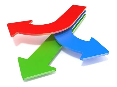 Three way arrows, showing three different directions. Blue left, red right... Stock Photos