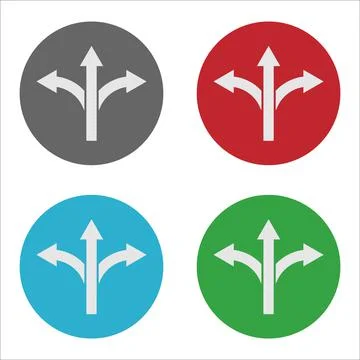 Three-way direction arrow in colour circles . 3 Ways Road Sign set . Ilustración de archivo