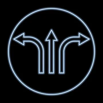 Three-way direction arrow sign. Blue neon icon in the dark. Blurred lightenin Stock Illustration