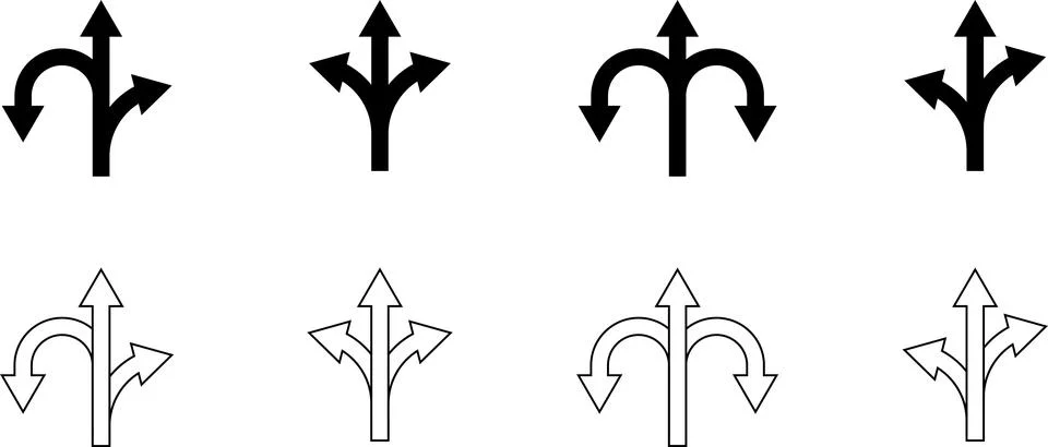 Three way direction icon set. Arrow direction three arrow heads navigation icon 스톡 일러스트