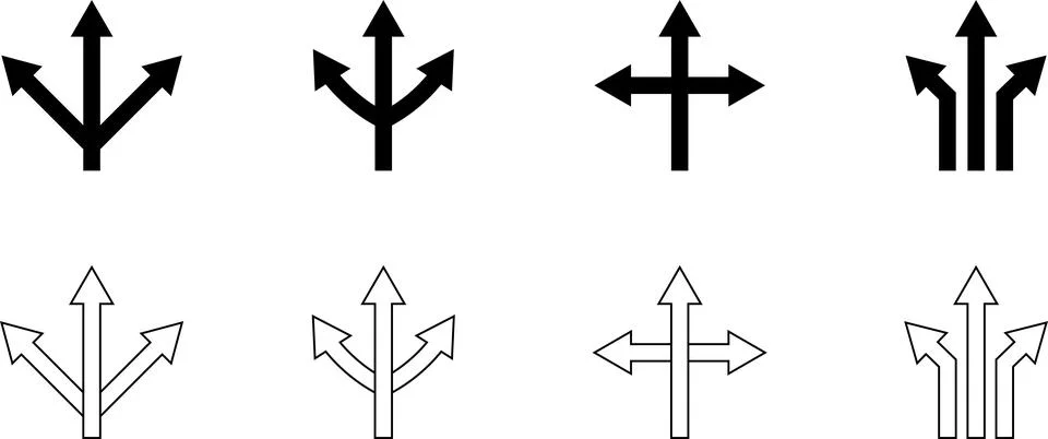 Three way direction icon set. Arrow direction three arrow heads navigation icon Stock Illustration