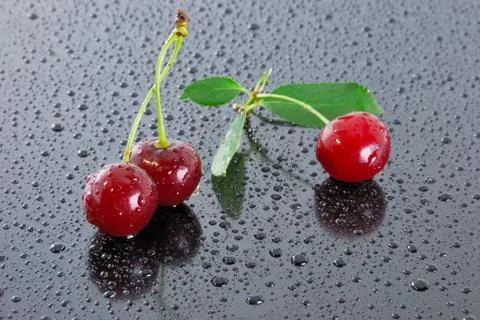 Three wet red cherries. Stock Photos