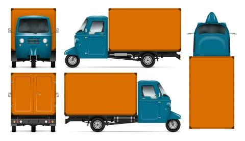 Three-wheeled scooter vector mockup side, front, back, top view Stock Illustration