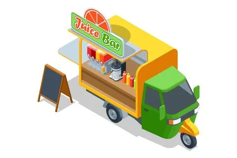 Three-wheeled small truck Juice Bar. Isometric juice bar trailer with citrus 스톡 일러스트