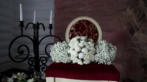 Three white Bouquets of Wedding Flowers on the chair Stock Footage 242427965