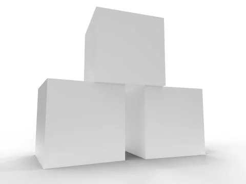 Three white boxes on white background. 3D rendering. Illustrazione stock