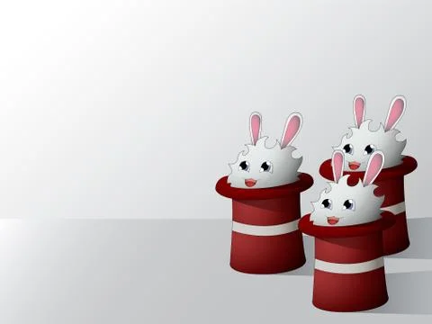 Three white cartoon rabbit sits in a magician's hat Stock Illustration